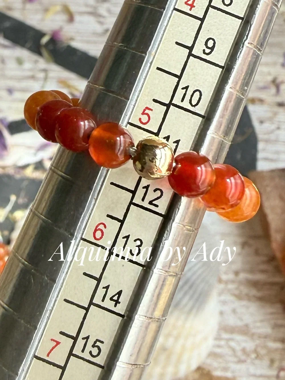 Orange-Red Carnelian Bead Ring with Gold Accent